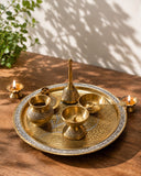 Brass Dual Shade Etched Puja Thali Set with Velvet Gift Box