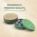 Decorative tin with floral patterns on a beige background, featuring text 'Promising & Premium Quality'.