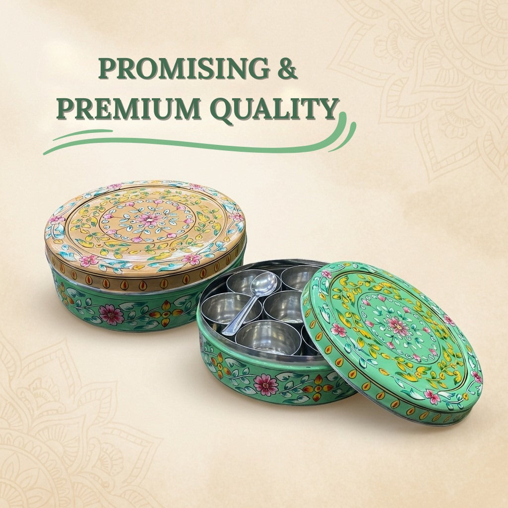 Decorative tin with floral patterns on a beige background, featuring text 'Promising & Premium Quality'.