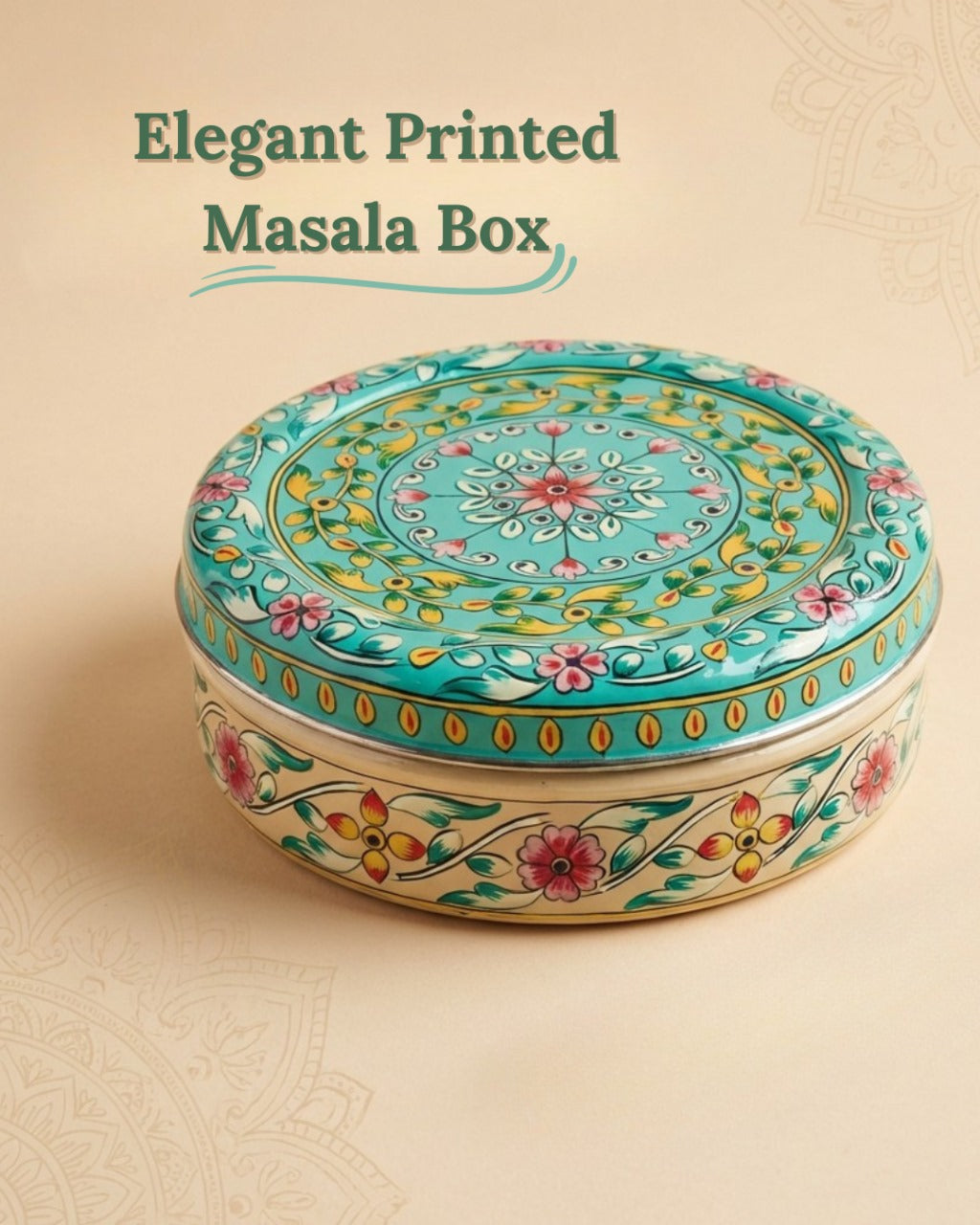 Decorative masala box with floral patterns on a beige background