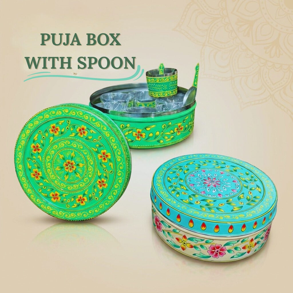 Decorative puja box with spoon on a beige background