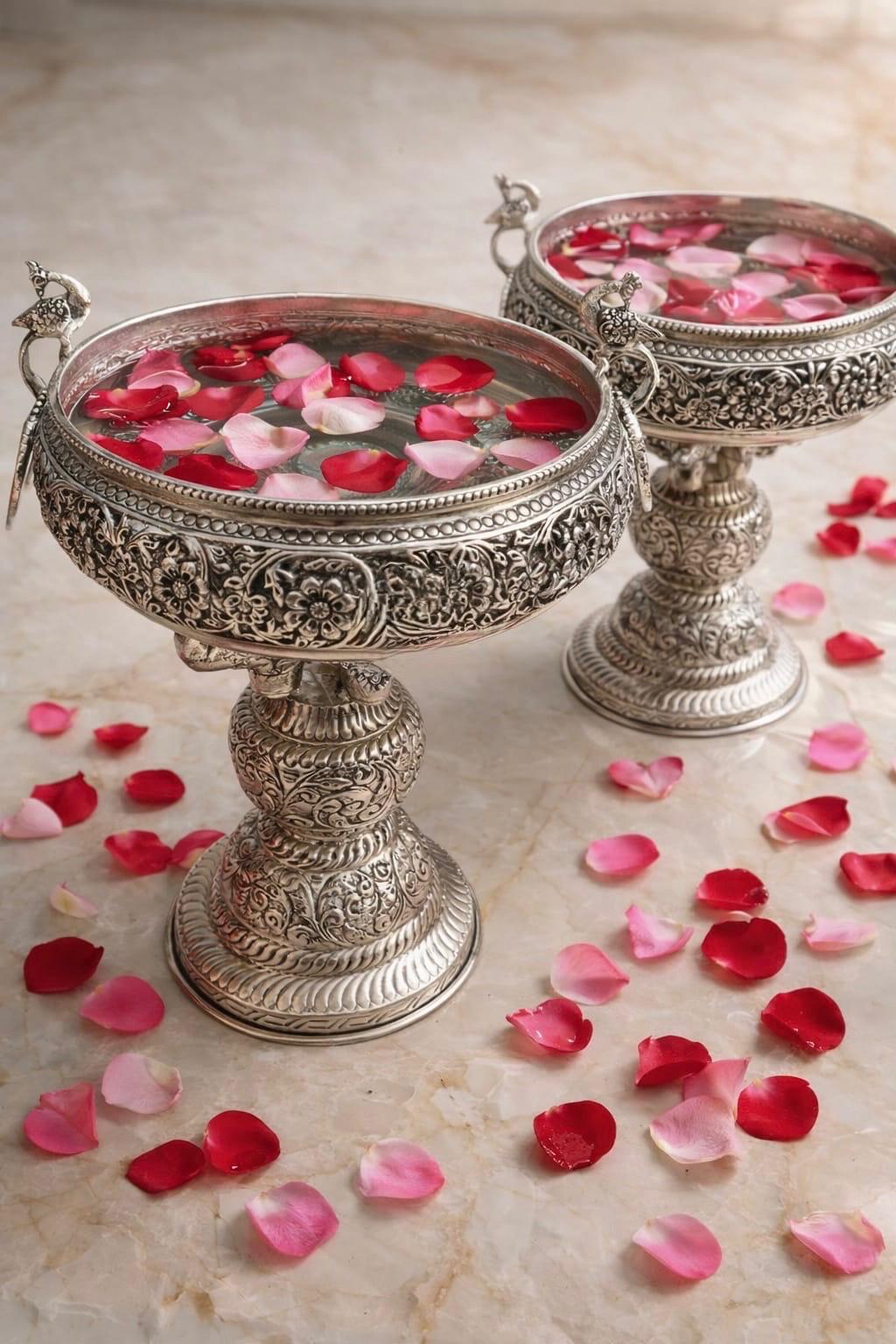 Decorative silver bowls with rose petals on a marble surface