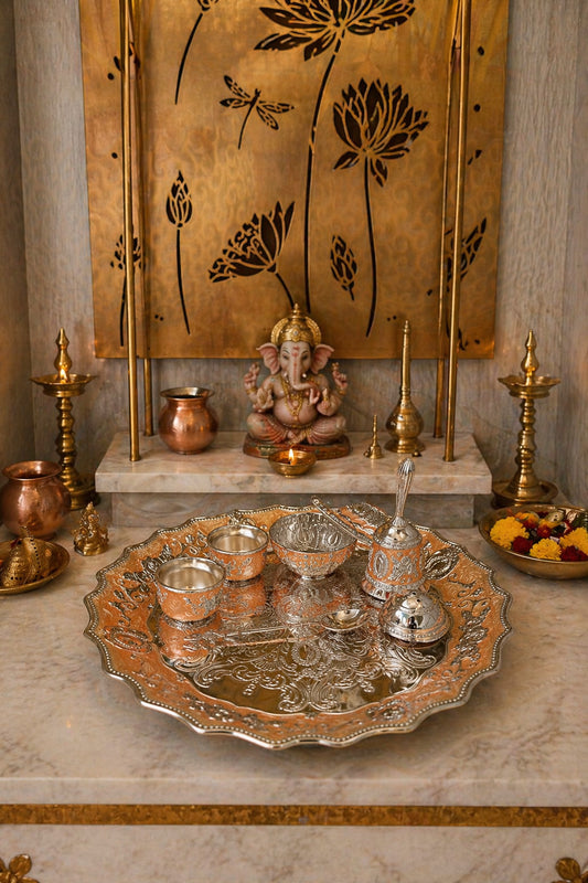 Decorative altar and ornate metal tray.