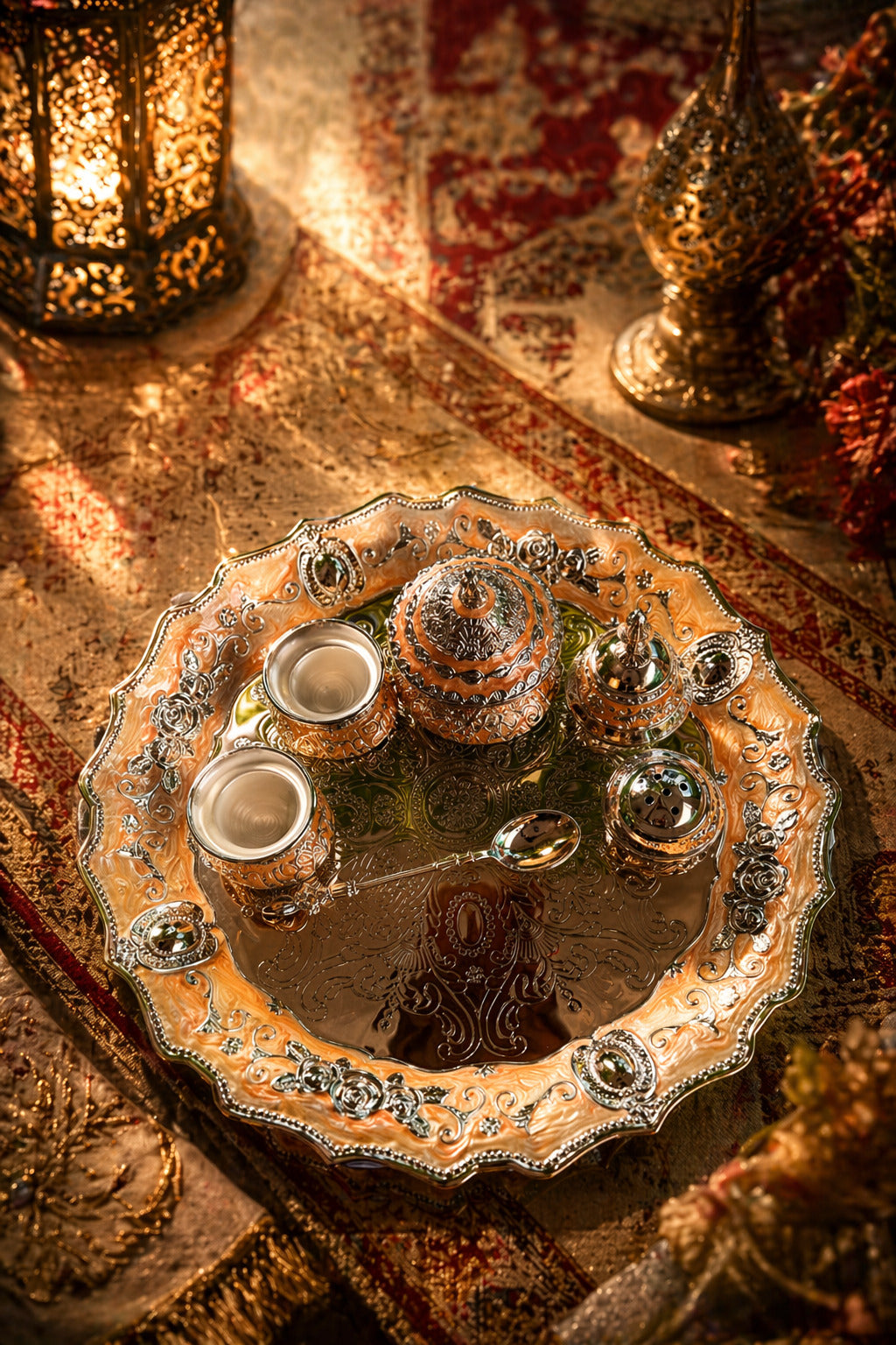 Decorative silver tray with teapot and cups on a textured surface