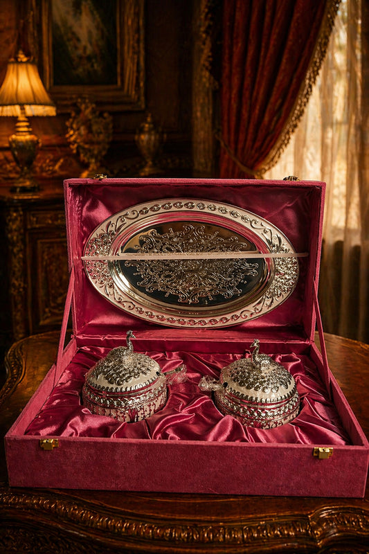 Enamel Twin Peacock Box with Spoon & Oval Tray Set - Pitaltamba