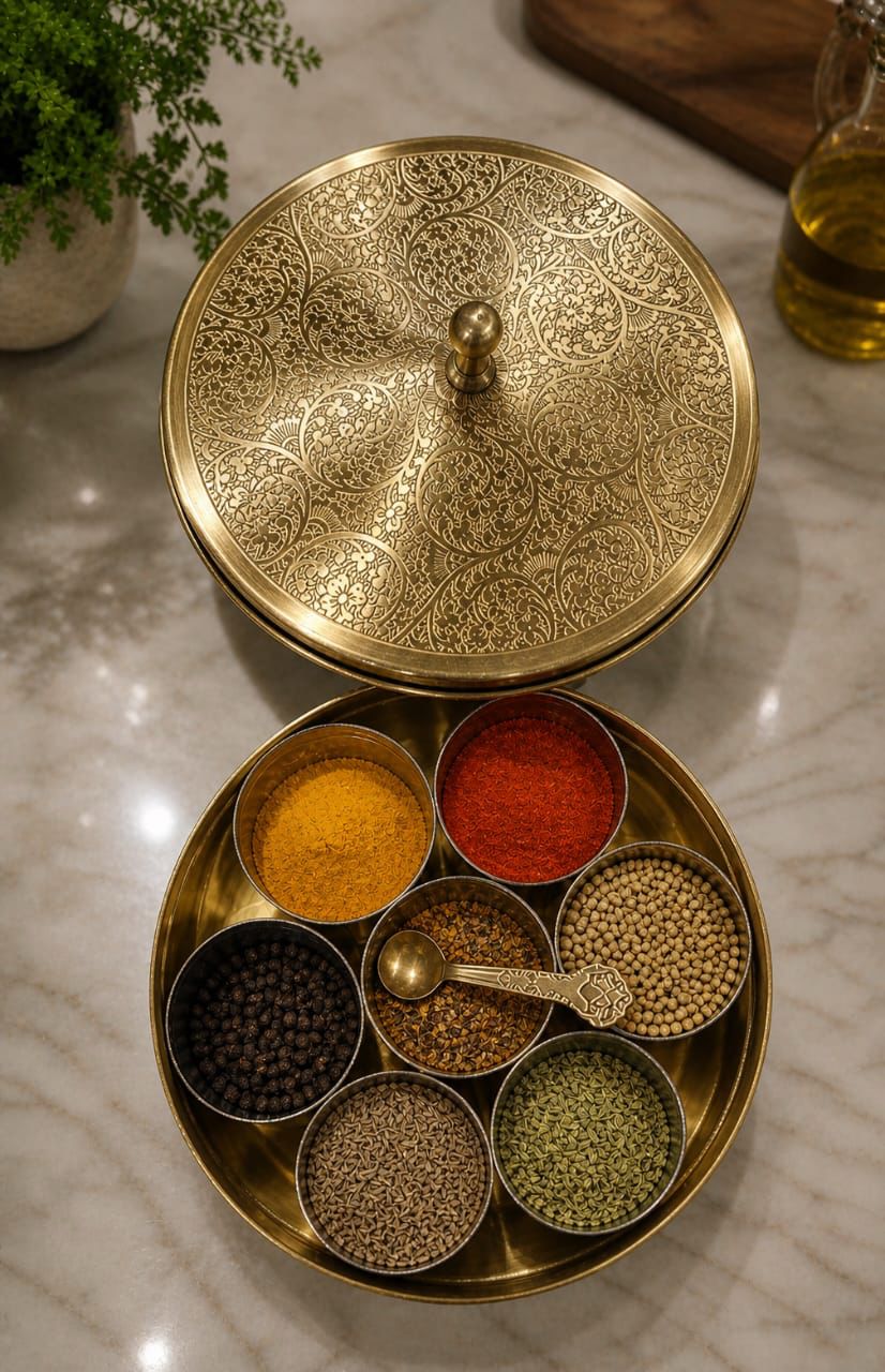 Decorative brass spice holder with various spices on a marble surface