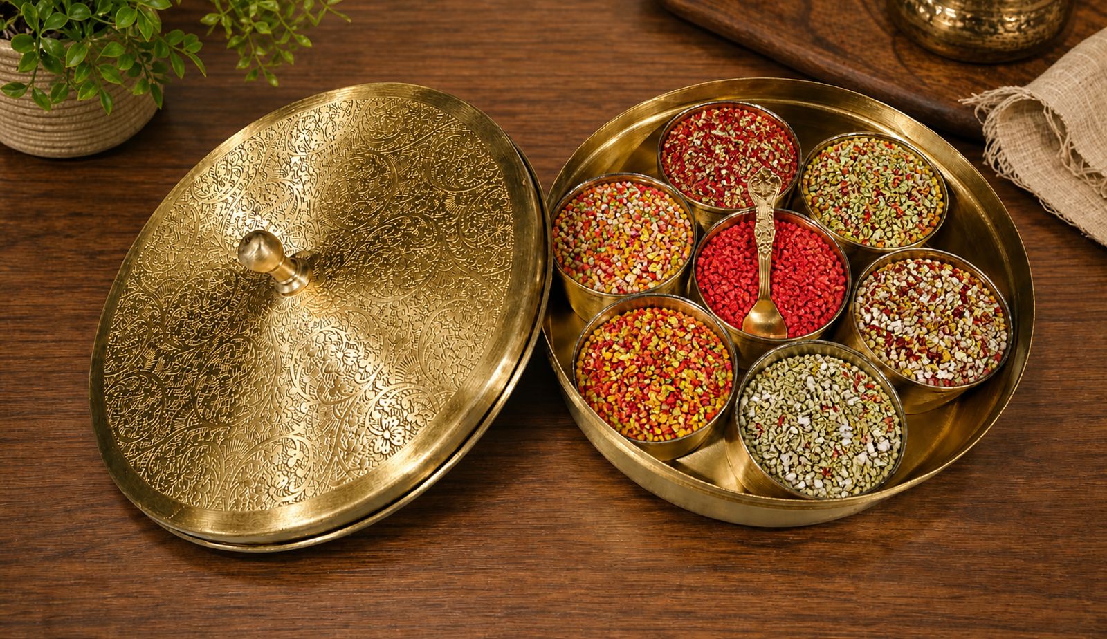 Decorative brass box with colorful spices on a wooden surface