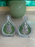 Two silver figurines in clear plastic cases on a light surface with a green pot in the background.