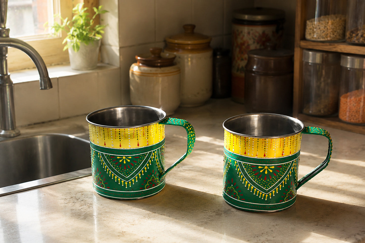 Two green and yellow patterned mugs on a kitchen counter.