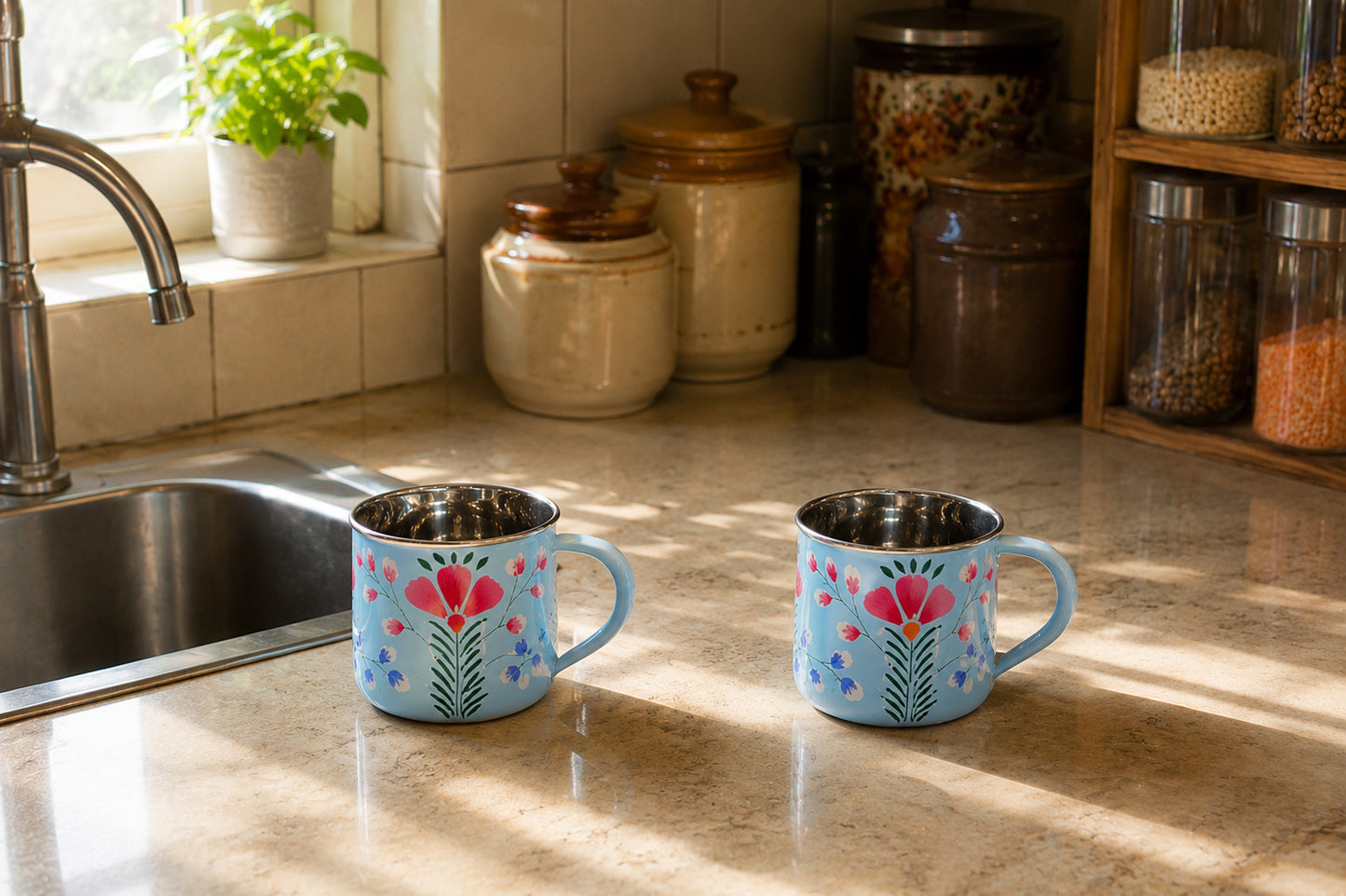 Two floral mugs on a kitchen counter with jars and a plant in the background.