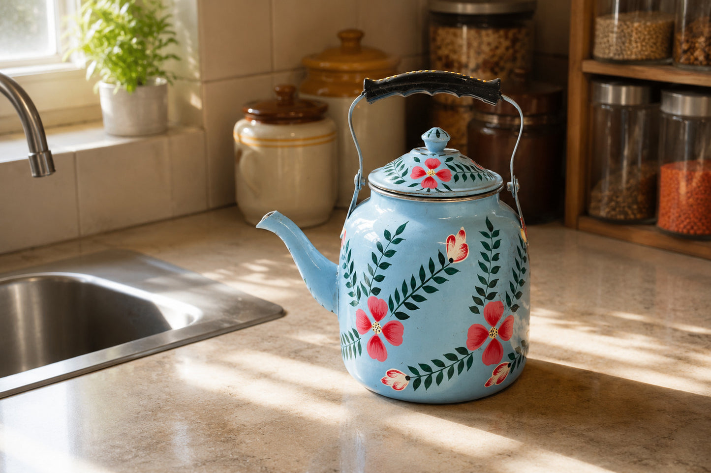 Decorative blue teapot with floral designs on a kitchen counter.