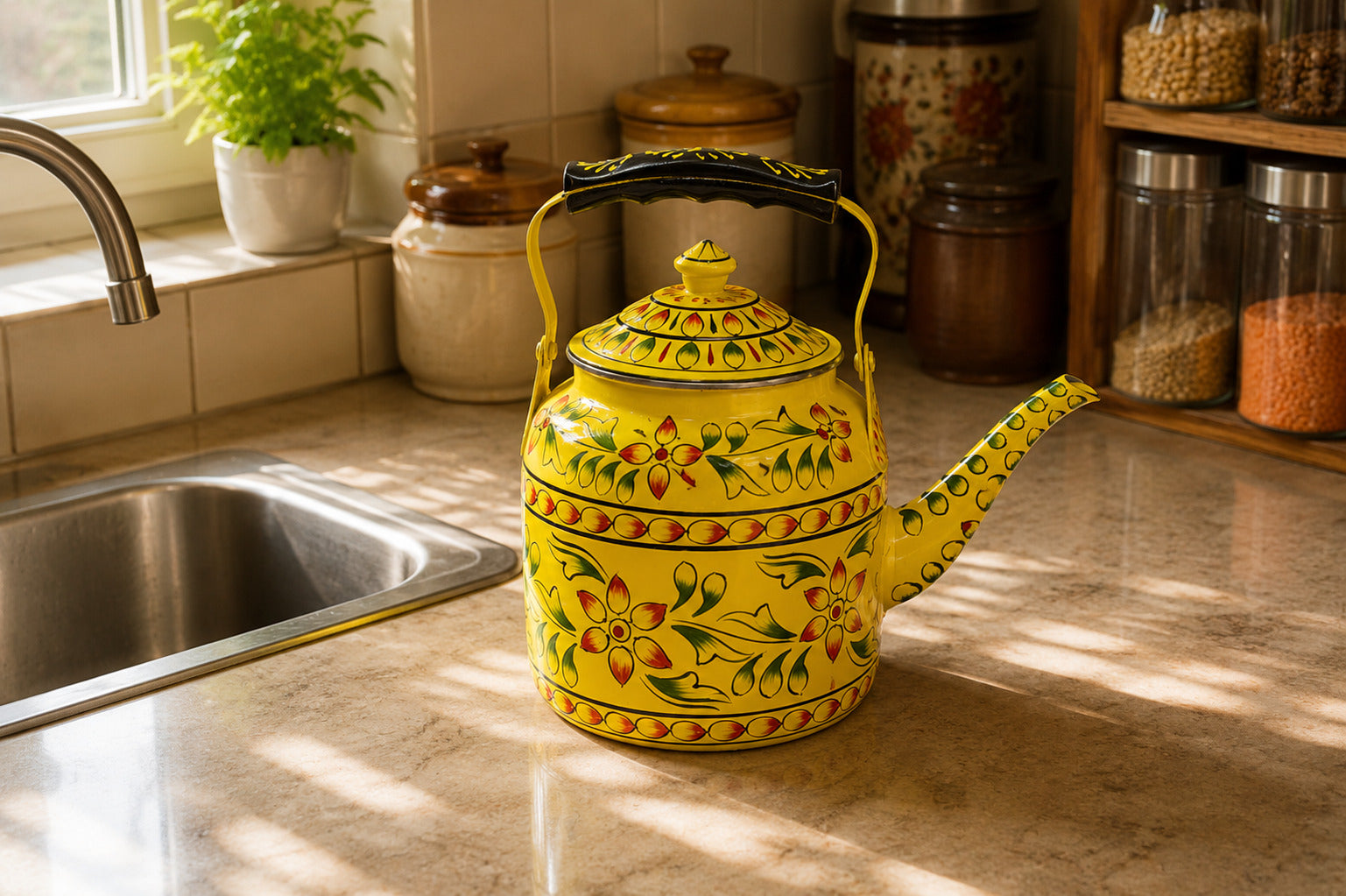 Yellow decorative teapot on a kitchen counter with a window and jars in the background