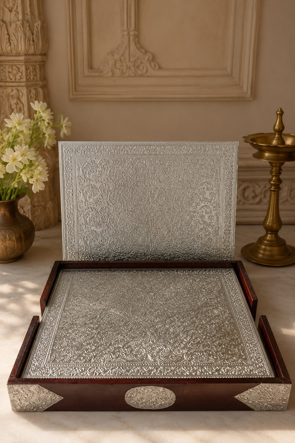 Silver Wooden 6 Mats Set with Premium Wooden Cabinet Box - Pitaltamba