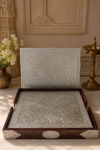 Silver Wooden 6 Mats Set with Premium Wooden Cabinet Box - Pitaltamba