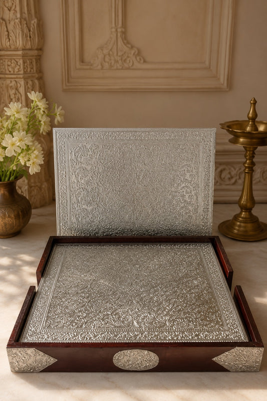 Silver Wooden 6 Mats Set with Premium Wooden Cabinet Box - Pitaltamba