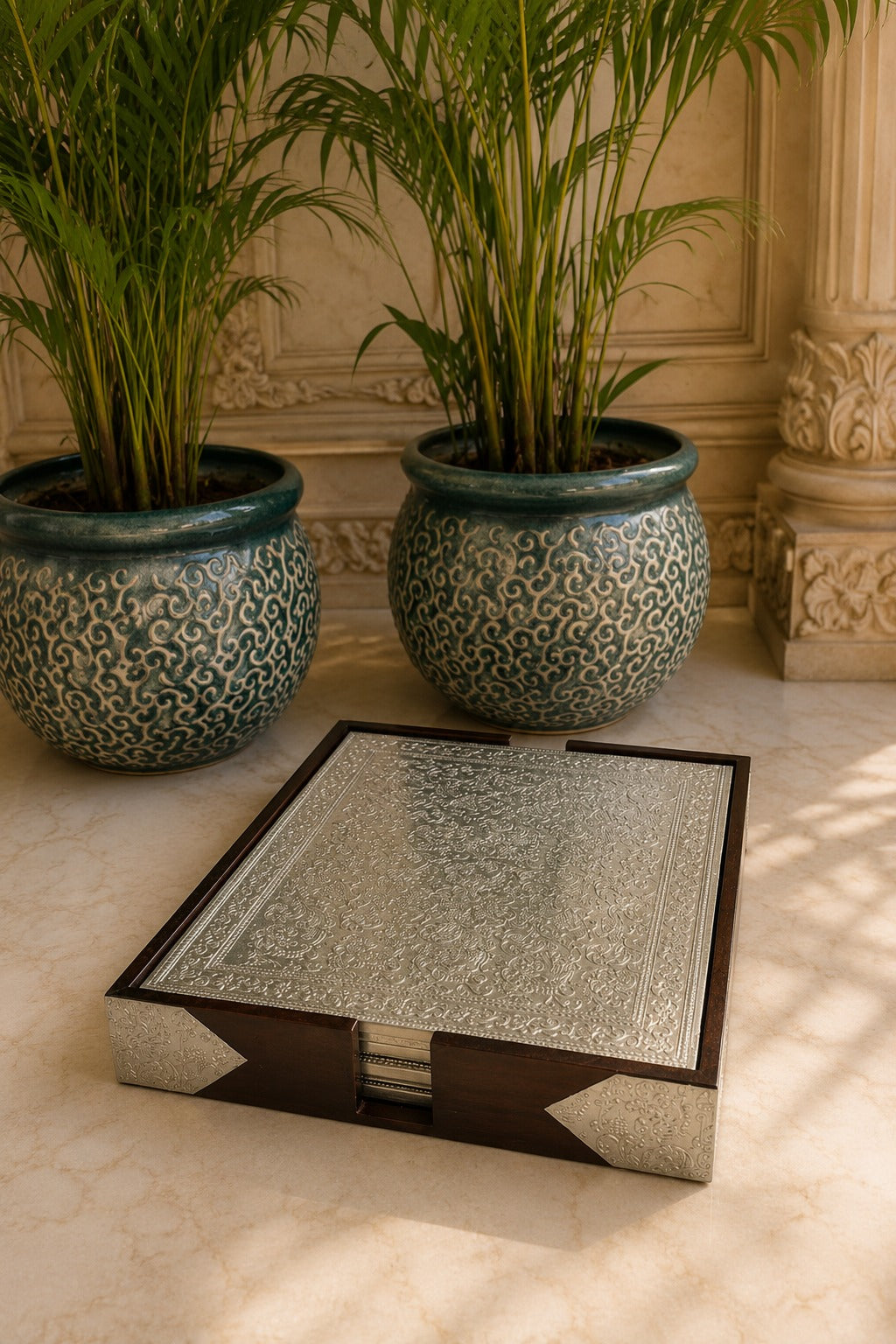 Silver Wooden 6 Mats Set with Premium Wooden Cabinet Box - Pitaltamba