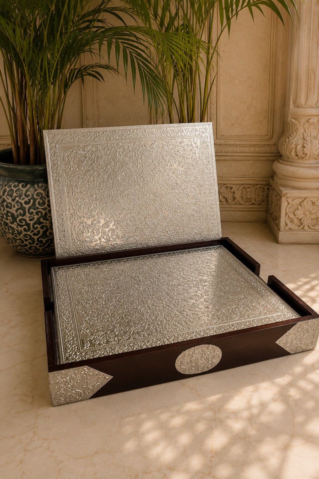 Silver Wooden 6 Mats Set with Premium Wooden Cabinet Box - Pitaltamba