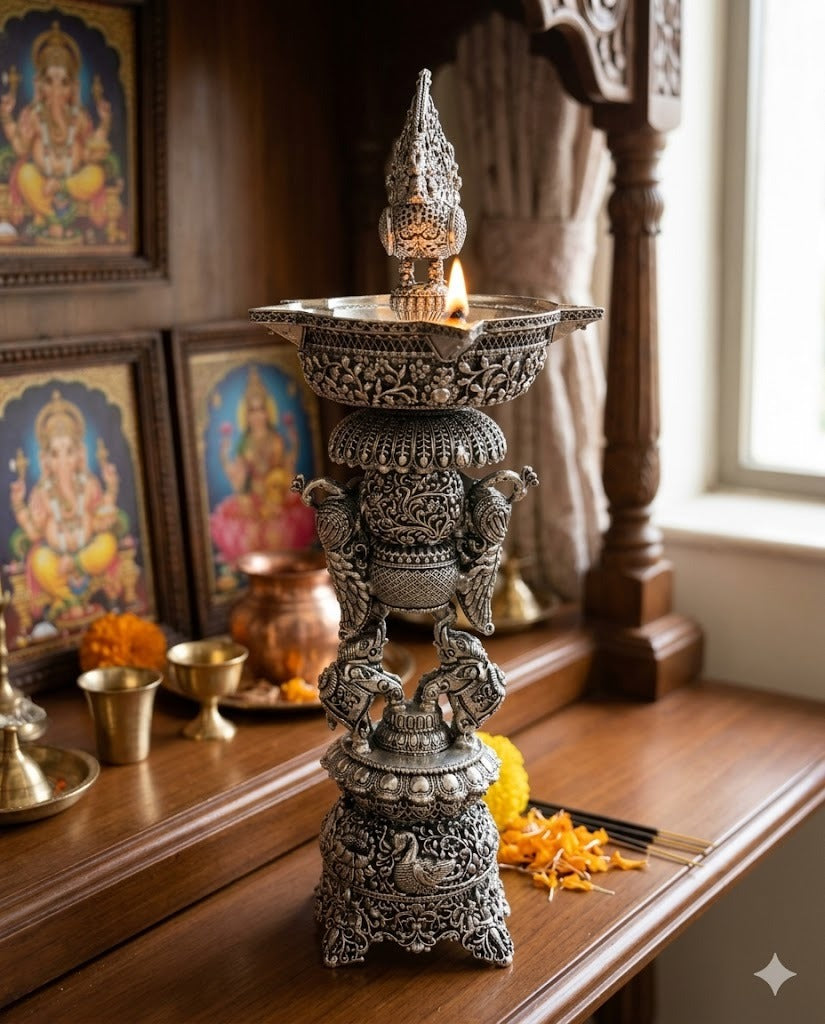 Elephant & Peacock Samai Diya  - Intricately  Carved