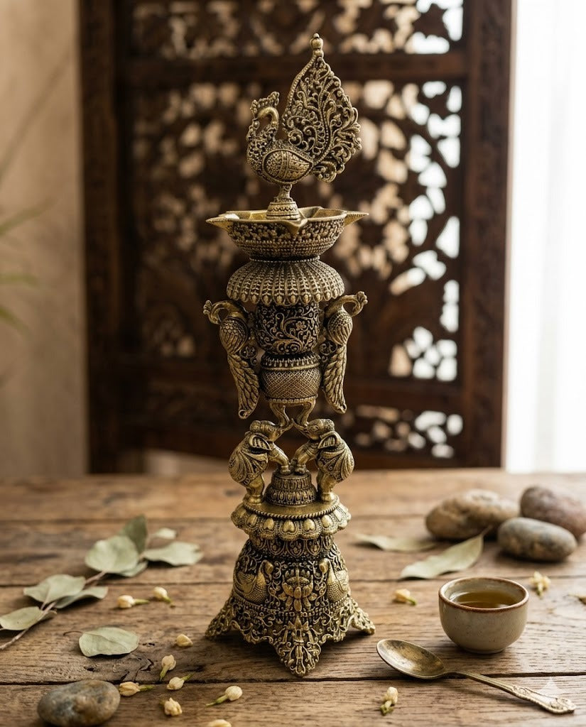 Elephant & Peacock Samai Diya  - Intricately  Carved