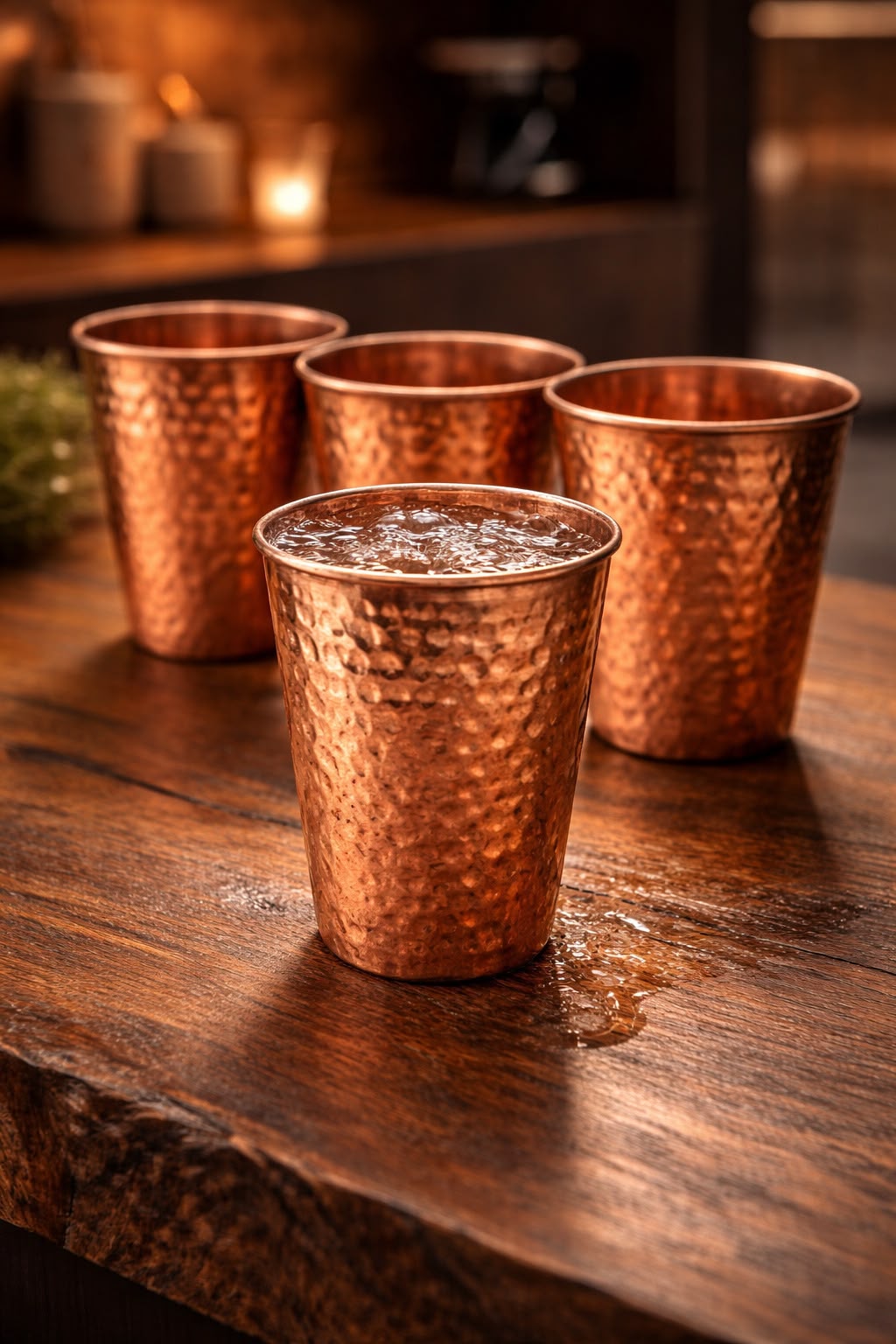 Three copper cups on a wooden surface with a blurred background