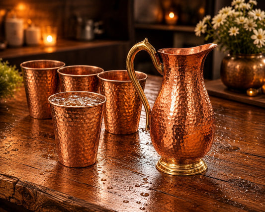 A hammered copper pitcher with a curved handle and four matching copper cups arranged on a rustic wooden table in a warmly lit indoor setting.