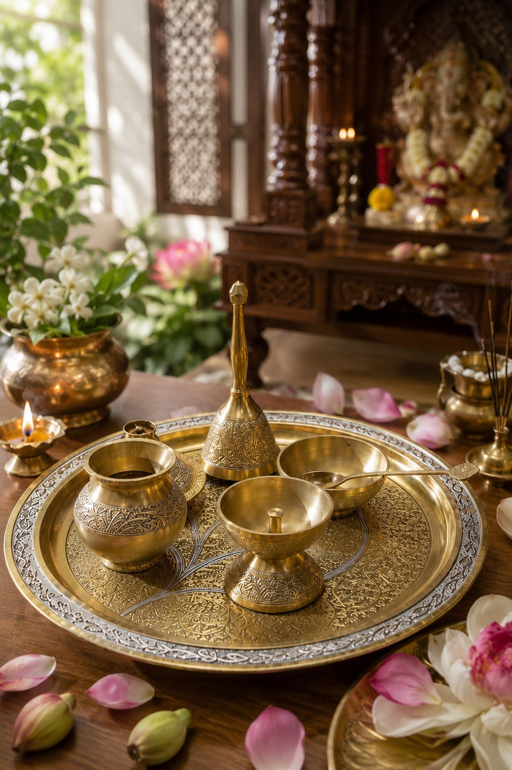 Brass Etched Puja Thali Set (7 Pieces) – Dual Shade Finish - Pitaltamba