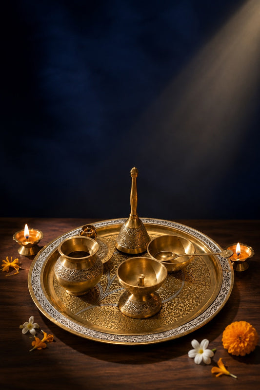 Brass Etched Puja Thali Set (7 Pieces) – Dual Shade Finish - Pitaltamba