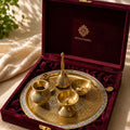 Brass Etched Puja Thali Set with 7 Pieces in Dual Shade Finish