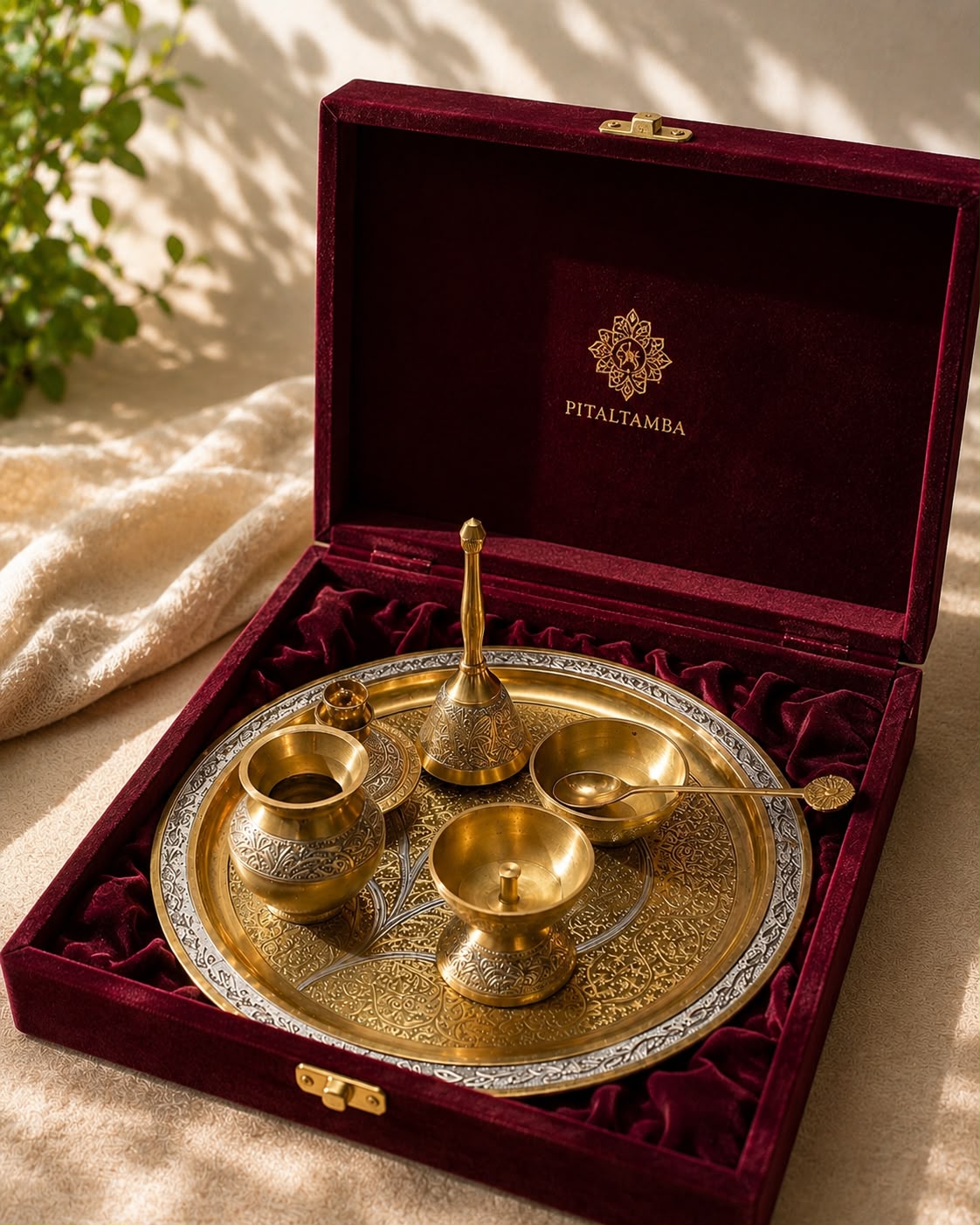 Brass Etched Puja Thali Set with 7 Pieces in Dual Shade Finish