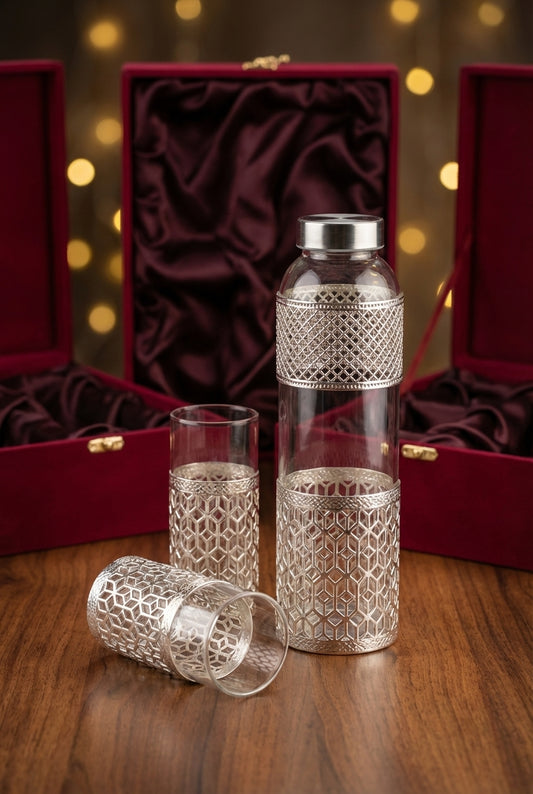 Borosil Bottle Set with 2 Glasses – Elegant Silver Work