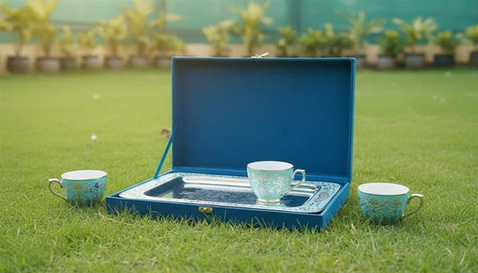 Tea set with three cups and a tray in an open blue box on grass