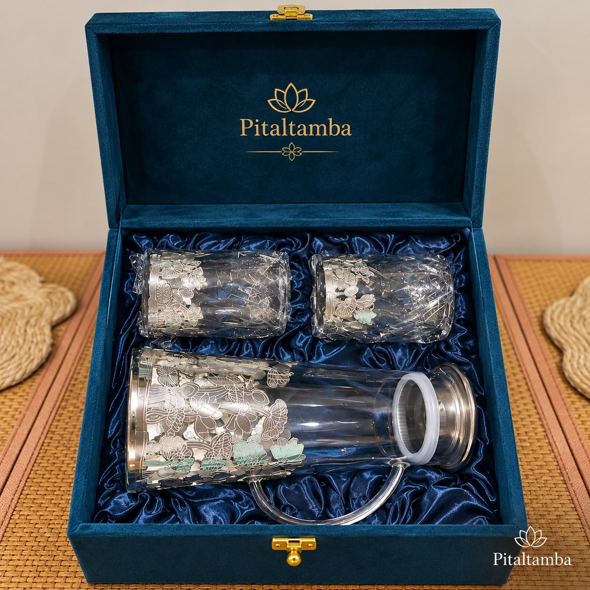 Borosil Jug & Glass Set with Cover – Silver Metal Work - Pitaltamba