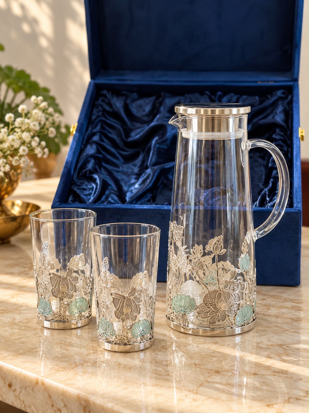 Borosil Jug & Glass Set with Cover – Silver Metal Work - Pitaltamba