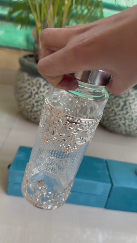 Fancy Glass Bottle With German Silver Coating In Velvet Box